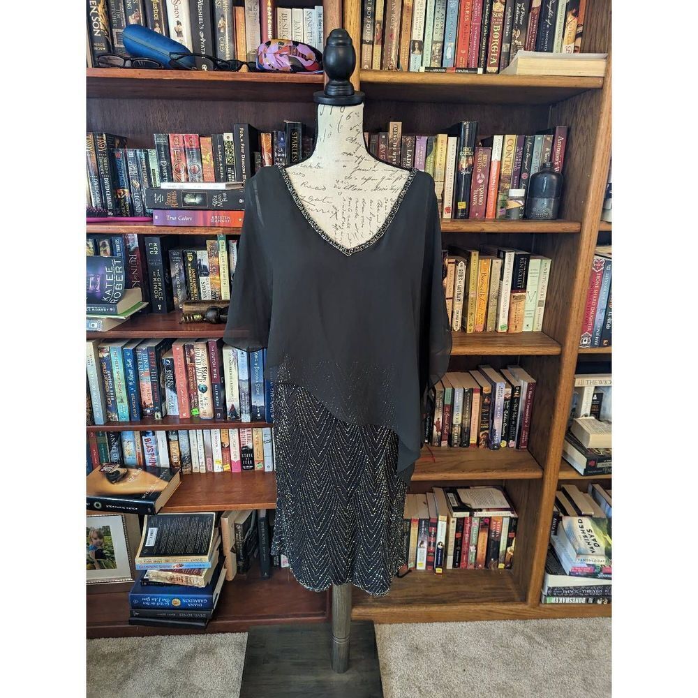 JKARA black beaded cocktail dress with draped chiffon over top sz 8 nwt